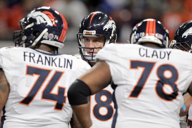 Denver Broncos quarterback Peyton Manning stands in the huddle during the second quarter of an NFL football game against the St. Louis Rams Sunday, Nov. 16, 2014, in St. Louis. (AP Photo/Tom Gannam)