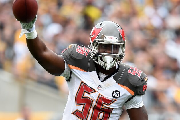 PITTSBURGH, PA - SEPTEMBER 28:  Jacquies Smith #56 of the Tampa Bay Buccaneers celebrates his fumble recovery during the first quarter against the Pittsburgh Steelers at Heinz Field on September 28, 2014 in Pittsburgh, Pennsylvania.  (Photo by Joe Sargent/Getty Images)