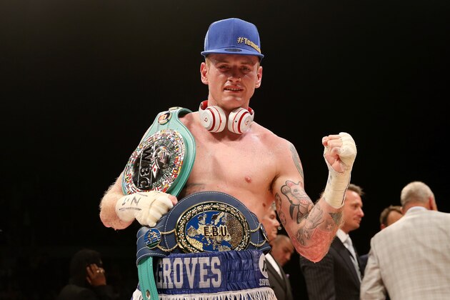 LONDON, ENGLAND - SEPTEMBER 20:  George Groves celebrates his victory over Christopher Rebrasse during their WBC Final Eliminator & European Super Middleweight bout at Wembley Arena on September 20, 2014 in London, England.  (Photo by Scott Heavey/Getty Images)