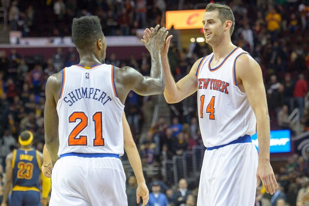 CLEVELAND, OH - OCTOBER 30: Iman Shumpert #21celebrates with Jason Smith #14 of the New York Knicks during the final seconds of the game against the Cleveland Cavaliers at Quicken Loans Arena on October 30, 2014 in Cleveland, Ohio. The Knicks defeated the Cavaliers 95-90. User expressly acknowledges and agrees that, by downloading and or using this photograph, User is consenting to the terms and conditions of the Getty Images License Agreement. (Photo by Jason Miller/Getty Images)