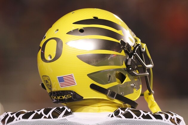 SALT LAKE CITY, UT - NOVEMBER 8:  A player for the Oregon Ducks waits for the start of an NCAA football game against the Utah Utes on November 8, 2014 at Rice-Eccles Stadium in Salt Lake City, Utah. (Photo by George Frey/Getty Images)
