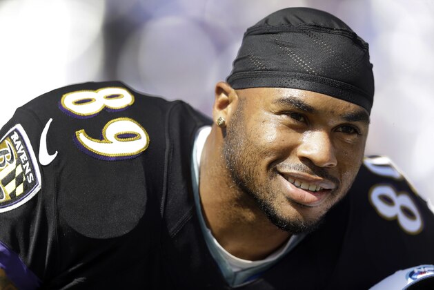 Baltimore Ravens wide receiver Steve Smith (89) looks across the field before an NFL football game against the Carolina Panthers in Baltimore, Sunday, Sept. 28, 2014. (AP Photo/Patrick Semansky)