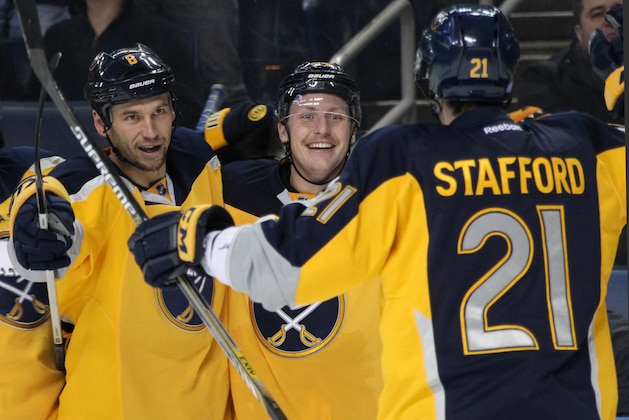 Buffalo Sabres' Nicolas Deslauriers, center, celebrates his goal against the San Jose Sharks with teammates Cody McCormick (8) and Drew Stafford (21) during the second period of an NHL hockey game Tuesday, Nov. 18, 2014, in Buffalo, N.Y. (AP Photo/Jen Fuller)