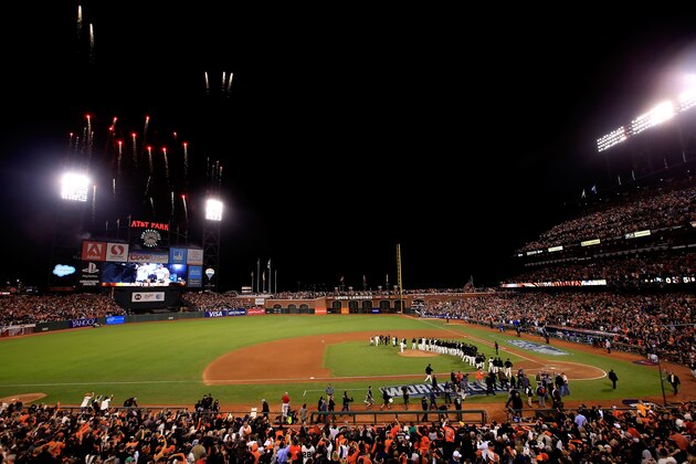 SAN FRANCISCO, CA - OCTOBER 26:  The San Francisco Giants celebrate after defeating the Kansas City Royals 5-0 in Game Five of the 2014 World Series at AT&T Park on October 26, 2014 in San Francisco, California.  (Photo by Jamie Squire/Getty Images)