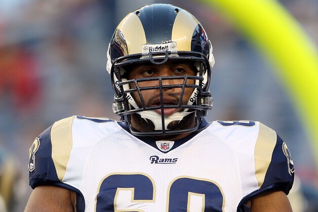 FOXBORO, MA - AUGUST 26:  Jason Brown #60 of the St. Louis Rams runs through a drill during warmups before the game against the New England Patriots on August 26, 2010 at Gillette Stadium in Foxboro, Massachusetts.  (Photo by Elsa/Getty Images)