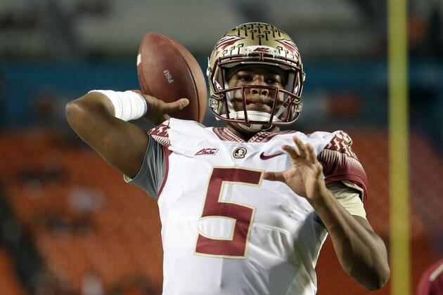 Florida State quarterback Jameis Winston warms up before an NCAA football game against Miami, Saturday, Nov. 15, 2014, in Miami Gardens, Fla. (AP Photo/Lynne Sladky)