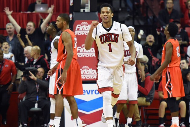 LAS VEGAS, NV - NOVEMBER 16:  Rashad Vaughn #1 of the UNLV Rebels reacts as the clock expires at the end of a game against the Sam Houston State Bearkats at the Thomas & Mack Center on November 16, 2014 in Las Vegas, Nevada. UNLV won 59-57.  (Photo by Ethan Miller/Getty Images)