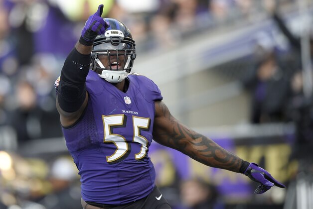 Baltimore Ravens outside linebacker Terrell Suggs (55) celebrates his sack of Tennessee Titans quarterback Zach Mettenberger during the second half of an NFL football game in Baltimore, Sunday, Nov. 9, 2014. (AP Photo/Nick Wass)
