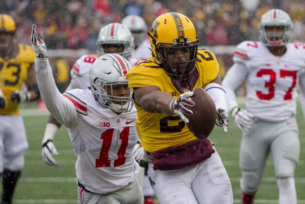 Nov 15, 2014; Minneapolis, MN, USA; Minnesota Golden Gophers running back David Cobb (27) holds the ball out as he scores a touchdown past Ohio State Buckeyes defensive back Vonn Bell (11) in the second half at TCF Bank Stadium. The Buckeyes won 31-24. Mandatory Credit: Jesse Johnson-USA TODAY Sports