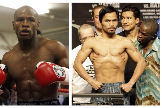 FILE - In this combination of file photos, U.S. boxer Floyd Mayweather Jr., left, prepares to spar at a gym in east London on May 22, 2009, and Manny Pacquiao, right, of the Philippines, weighs in for the junior welterweight boxing match against British boxer Ricky Hatton, May 1, 2009, in Las Vegas. The March 13 , 2010 megafight between Manny Pacquiao and Floyd Mayweather Jr. has been thrown into jeopardy. Mayweather's camp is demanding the fighters submit to Olympic-type drug testing in the weeks leading up to the bout. Leonard Ellerbe, Mayweather's manager, says the fight will not go on if Pacquiao doesn't agree to blood testing under standards followed by the United States Anti-Doping Agency. (AP Photos/Alastair Grant and Rick Bowmer, File)
