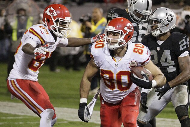 Kansas City Chiefs tight end Anthony Fasano (80) celebrates with wide receiver Frankie Hammond, left, after scoring on a 19-yard touchdown reception during the third quarter of an NFL football game against the Oakland Raiders in Oakland, Calif., Thursday, Nov. 20, 2014. (AP Photo/Thomas Mendoza)
