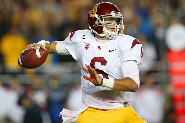 CHESTNUT HILL, MA - SEPTEMBER 13: Quarterback Cody Kessler #6 of the USC Trojans during the first half against the Boston College Eagles at Alumni Stadium on September 13, 2014 in Chestnut Hill, Massachusetts.  (Photo by Winslow Townson/Getty Images)