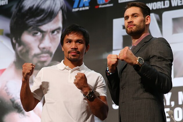 MACAU - NOVEMBER 19:  Manny Pacquiao and Chris Algieri pose during a press conference at The Venetian on November 19, 2014 in Macau, Macau.  (Photo by Chris Hyde/Getty Images)