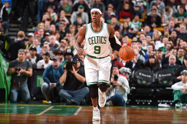BOSTON, MA - NOVEMBER 14:  Rajon Rondo #9 of the Boston Celtics handles the ball against the Cleveland Cavaliers during the game on November 14, 2014 at the TD Garden in Boston, Massachusetts. NOTE TO USER: User expressly acknowledges and agrees that, by downloading and or using this Photograph, user is consenting to the terms and conditions of the Getty Images License Agreement. Mandatory Copyright Notice: Copyright 2014 NBAE (Photo by Brian Babineau /NBAE via Getty Images)