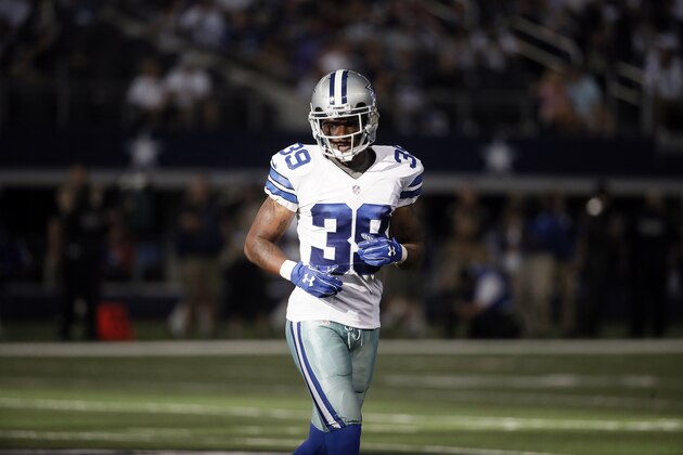 Dallas Cowboys cornerback Brandon Carr (39) jogs across the field during the second half of an NFL football game against the New York Giants, Sunday, Oct.  19, 2014, in Arlington, Texas. (AP Photo/Brandon Wade)