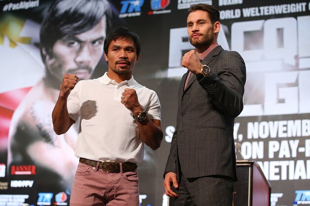 MACAU - NOVEMBER 19:  Manny Pacquiao and Chris Algieri pose during a press conference at The Venetian on November 19, 2014 in Macau, Macau.  (Photo by Chris Hyde/Getty Images)