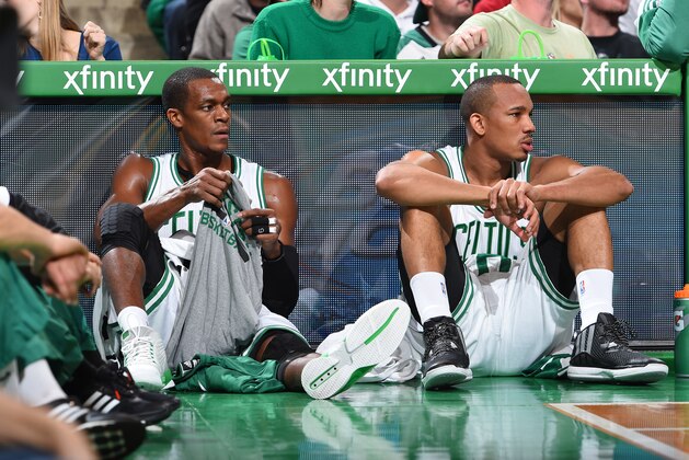 BOSTON, MA - NOVEMBER 17: Rajon Rondo #9 and Avery Bradley #0 of the Boston Celtics during the game on November 17, 2014 at TD Garden in Boston, Massachusetts. NOTE TO USER: User expressly acknowledges and agrees that, by downloading and or using this Photograph, user is consenting to the terms and conditions of the Getty Images License Agreement. Mandatory Copyright Notice: Copyright 2014 NBAE (Photo by Brian Babineau/NBAE via Getty Images)