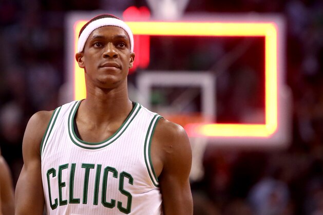 BOSTON, MA - NOVEMBER 14:  Rajon Rondo #9 of the Boston Celtics looks on after failing to take a shot as time expired against the Cleveland Cavaliers at TD Garden on November 14, 2014 in Boston, Massachusetts. NOTE TO USER: User expressly acknowledges and agrees that, by downloading and or using this photograph, User is consenting to the terms and conditions of the Getty Images License Agreement.  (Photo by Mike Lawrie/Getty Images)