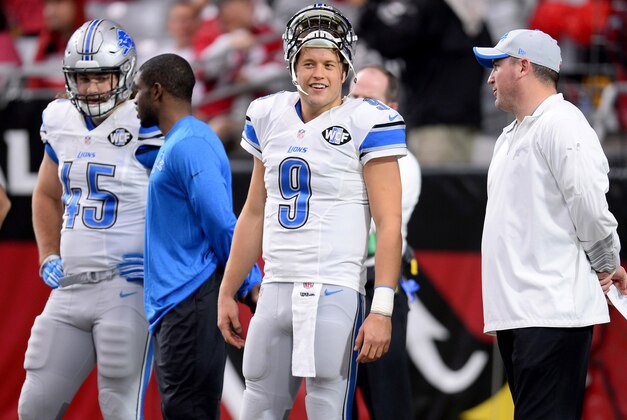 Nov 16, 2014; Glendale, AZ, USA; Detroit Lions quarterback Matthew Stafford (9) warms up prior to facing the Arizona Cardinals at University of Phoenix Stadium. Mandatory Credit: Joe Camporeale-USA TODAY Sports
