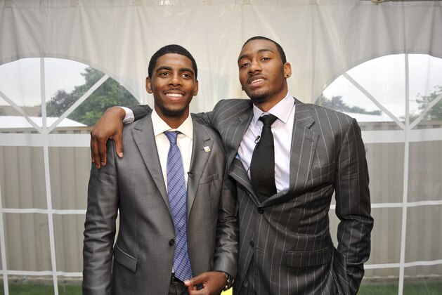SECAUCUS, NJ - MAY 17:  2011 NBA Draft prospect Kyrie Irving and John Wall of the Washington Wizards pose for a picture prior to the 2011 NBA Draft Lottery at the Studios at NBA Entertainment on May 17, 2011 in Secaucus, New Jersey.  NOTE TO USER: User expressly acknowledges and agrees that, by downloading and/or using this Photograph, user is consenting to the terms and conditions of the Getty Images License Agreement. Mandatory Copyright Notice: Copyright 2011 NBAE (Photo by David Dow/NBAE via Getty Images)