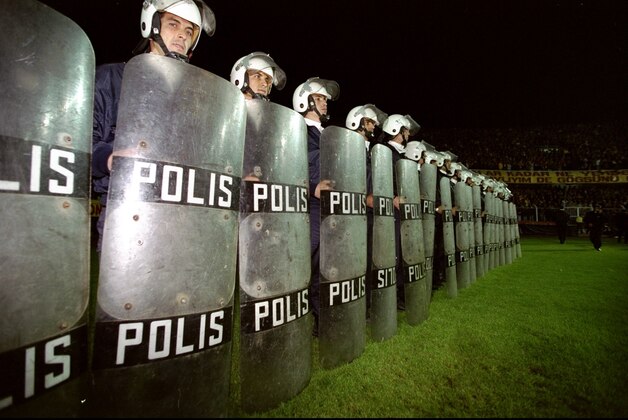 20 Oct 1999:  Riot Police line up for the UEFA Champions League Group H game between Chelsea and Galatasaray at the Ali Sami Yen Stadium in Istanbul, Turkey. Chelsea won 5-0. \ Mandatory Credit: Ben Radford /Allsport
