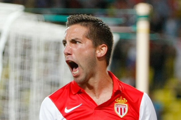Monaco's Joao Moutinho, reacts after scoring, during the Champions League Group C soccer match between Monaco and Bayer Leverkusen at Louis II stadium in Monaco, Tuesday, Sept. 16, 2014. (AP Photo/Claude Paris)