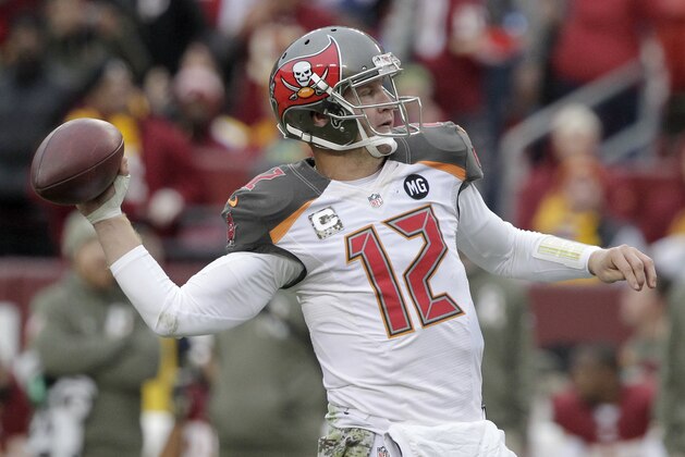 Tampa Bay Buccaneers wide receiver Mike Evans (13) throws during the second half of an NFL football game against the Washington Redskins in Landover, Md., Sunday, Nov. 16, 2014. (AP Photo/Mark Tenally)