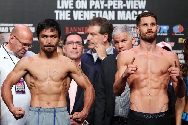 MACAU - NOVEMBER 22:   Manny Pacquiao and Chris Algieri pose during the official weigh in at The Venetianon on November 22, 2014 in Macau, Macau.  (Photo by Chris Hyde/Getty Images)