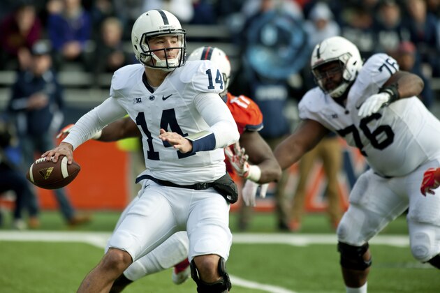 Penn State quarterback Christian Hackenberg (14) prepare to throw a pass during the second quarter of an NCAA football game against Illinois, Saturday, Nov. 22, 2014, at Memorial Stadium in Champaign, Ill. (AP Photo/Bradley Leeb)