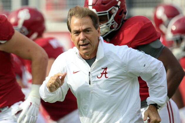 Nov 22, 2014; Tuscaloosa, AL, USA; Alabama Crimson Tide head coach Nick Saban during warmups for the game against Western Carolina Catamounts at Bryant-Denny Stadium. Mandatory Credit: Marvin Gentry-USA TODAY Sports