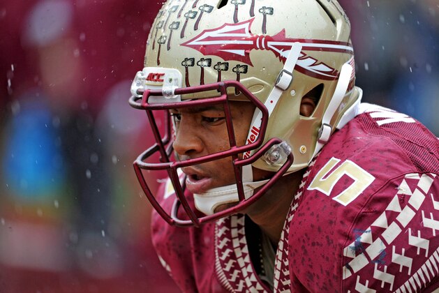 Nov 22, 2014; Tallahassee, FL, USA; Florida State Seminoles quarterback Jameis Winston (5) warms up before the start of the game against the Boston College Eagles at Doak Campbell Stadium. Mandatory Credit: Melina Vastola-USA TODAY Sports