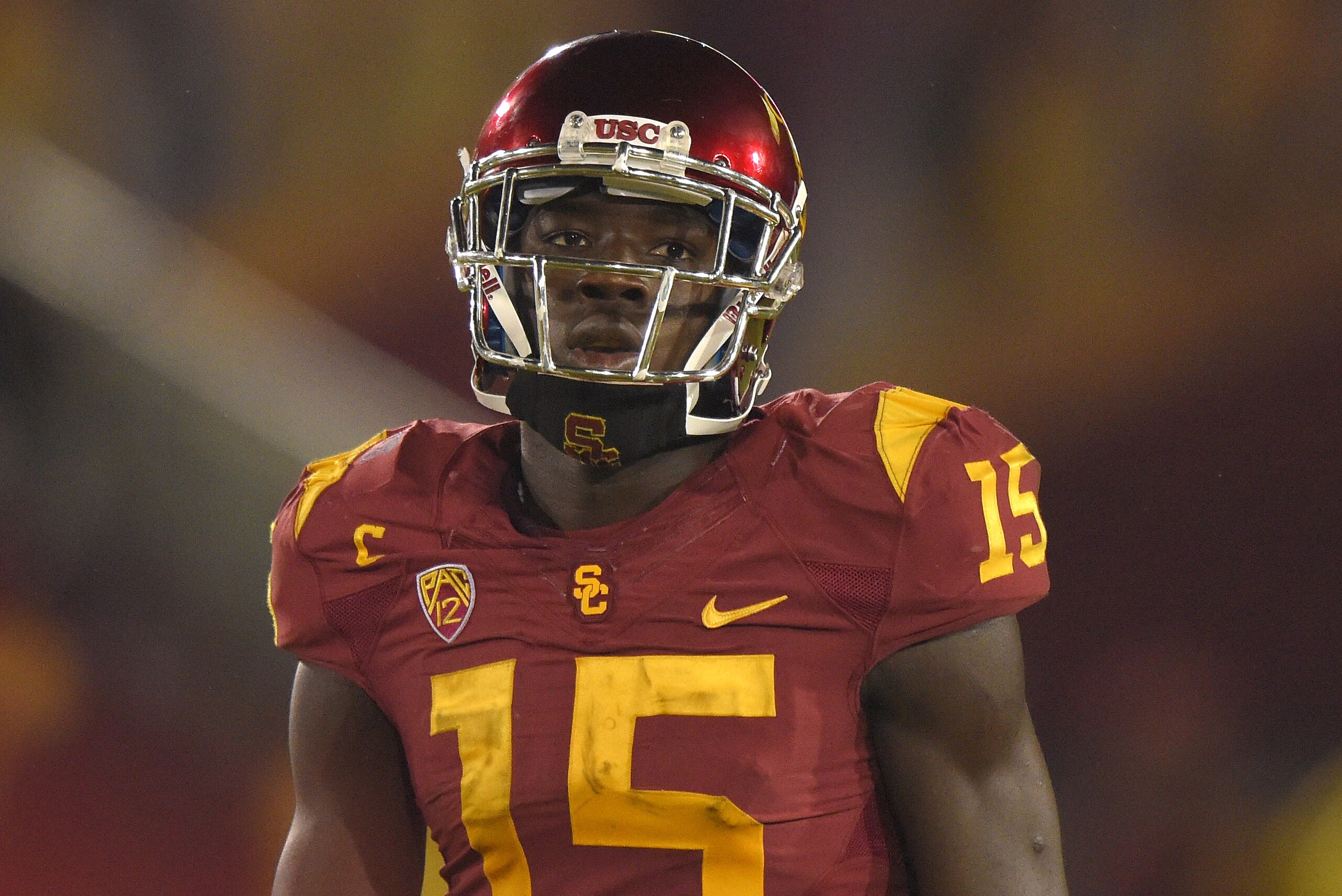 Southern California wide receiver Nelson Agholor looks on during the second half of an NCAA college football game against California, Thursday, Nov. 13, 2014, in Los Angeles. (AP Photo/Mark J. Terrill)