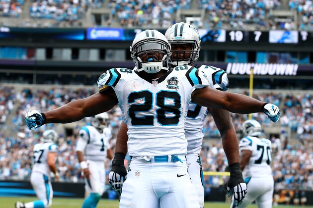 CHARLOTTE, NC - SEPTEMBER 14:  Jonathan Stewart #28 of the Carolina Panthers during the game at Bank of America Stadium on September 14, 2014 in Charlotte, North Carolina.  (Photo by Streeter Lecka/Getty Images)