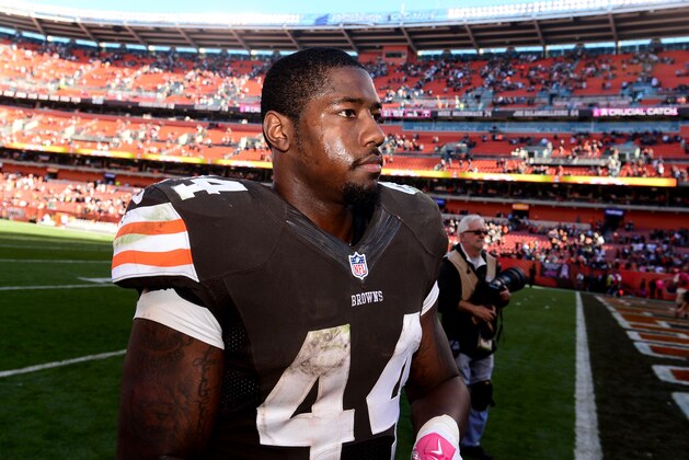 Oct 12, 2014; Cleveland, OH, USA; Cleveland Browns running back Ben Tate (44) walks off the field after defeating the Pittsburgh Steelers 31-10 at FirstEnergy Stadium. Mandatory Credit: Andrew Weber-USA TODAY Sports