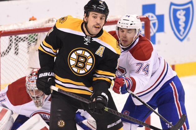BOSTON, MA - NOVEMBER 22 : Milan Lucic #17 of the Boston Bruins watches the play against Carey Price #31 and Alexei Emelin #74 of the Montreal Canadiens at the TD Garden on November 22, 2014 in Boston, Massachusetts.  (Photo by Steve Babineau/NHLI via Getty Images)