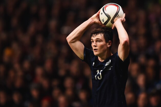 GLASGOW, SCOTLAND - NOVEMBER 14:  Andrew Robertson of Scotland takes a throw in during the EURO 2016 Group D Qualifier match between Scotland and Republic of Ireland at Celtic Park on November 14, 2014 in Glasgow, Scotland.  (Photo by Laurence Griffiths/Getty Images)