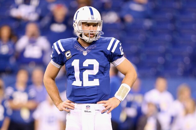 INDIANAPOLIS, IN - NOVEMBER 23:  Andrew Luck #12 of the Indianapolis Colts waits to throw a pass before the game against the Jacksonville Jaguars at Lucas Oil Stadium on November 23, 2014 in Indianapolis, Indiana.  (Photo by Andy Lyons/Getty Images)