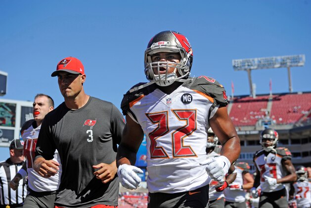 Oct 26, 2014; Tampa, FL, USA; Tampa Bay Buccaneers running back Doug Martin (22) runs off the field before facing the Minnesota Vikings at Raymond James Stadium. Mandatory Credit: David Manning-USA TODAY Sports