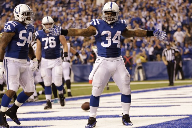 Indianapolis Colts running back Trent Richardson (34) reacts after scoring on a one-yard touchdown run during the second half of an NFL football game against the Jacksonville Jaguars Sunday, Nov. 23, 2014 in Indianapolis. (AP Photo/AJ Mast)