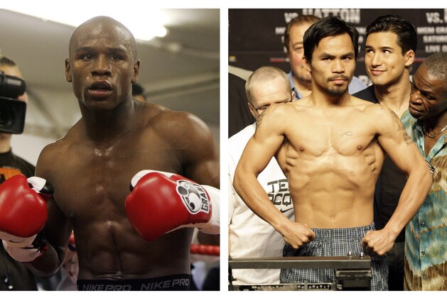 FILE - In this combination of file photos, U.S. boxer Floyd Mayweather Jr., left, prepares to spar at a gym in east London on May 22, 2009, and Manny Pacquiao, right, of the Philippines, weighs in for the junior welterweight boxing match against British boxer Ricky Hatton, May 1, 2009, in Las Vegas. The March 13 , 2010 megafight between Manny Pacquiao and Floyd Mayweather Jr. has been thrown into jeopardy. Mayweather's camp is demanding the fighters submit to Olympic-type drug testing in the weeks leading up to the bout. Leonard Ellerbe, Mayweather's manager, says the fight will not go on if Pacquiao doesn't agree to blood testing under standards followed by the United States Anti-Doping Agency. (AP Photos/Alastair Grant and Rick Bowmer, File)