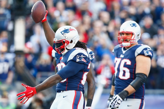 FOXBORO, MA - NOVEMBER 23:  LeGarrette Blount #29 f the New England Patriots reacts after scoring a touchdown during the second quarter against the Detroit Lions at Gillette Stadium on November 23, 2014 in Foxboro, Massachusetts.  (Photo by Jared Wickerham/Getty Images)
