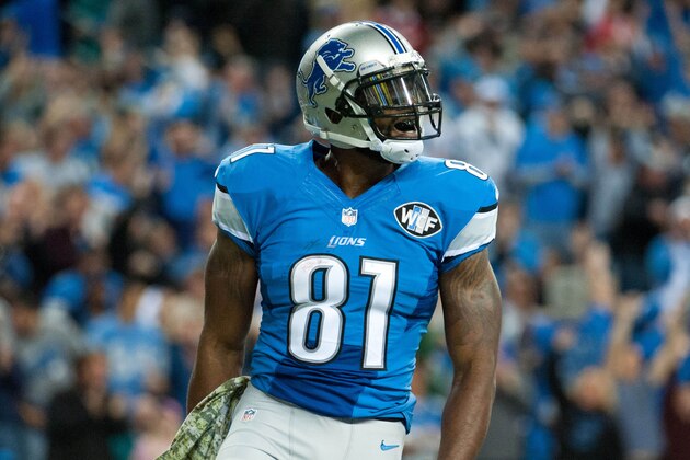 Nov 9, 2014; Detroit, MI, USA; Detroit Lions wide receiver Calvin Johnson (81) celebrates his touchdown during the first quarter against the Miami Dolphins at Ford Field. Mandatory Credit: Tim Fuller-USA TODAY Sports