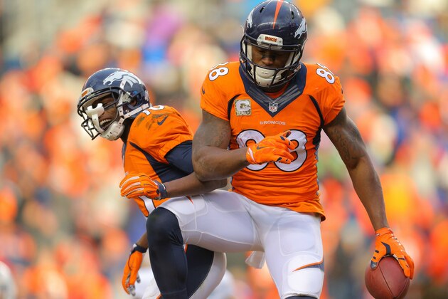 DENVER, CO - NOVEMBER 23:  Wide receiver Demaryius Thomas #88 and wide receiver Emmanuel Sanders #10 of the Denver Broncos celebrate a second quarter Thomas touchdown during a game against the Miami Dolphins at Sports Authority Field at Mile High on November 23, 2014 in Denver, Colorado.  (Photo by Justin Edmonds/Getty Images)