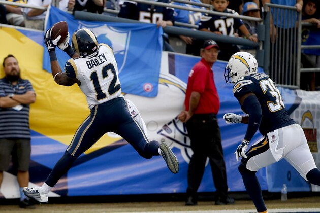 St. Louis Rams wide receiver Stedman Bailey, left, scores past San Diego Chargers strong safety Marcus Gilchrist during the second half of an NFL football game Sunday, Nov. 23, 2014, in San Diego. (AP Photo/Lenny Ignelzi)