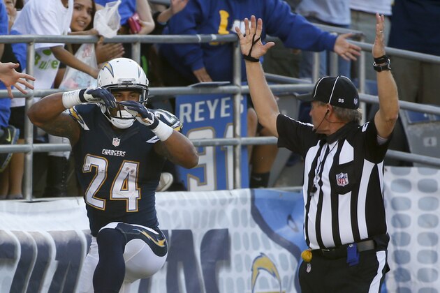San Diego Chargers running back Ryan Mathews celebrates after scoring against the St. Louis Rams during the second half of an NFL football game Sunday, Nov. 23, 2014, in San Diego.  (AP Photo/Lenny Ignelzi)