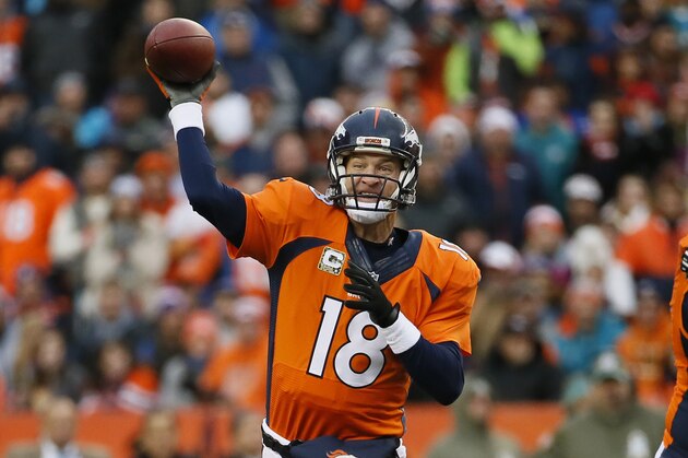 Denver Broncos quarterback Peyton Manning (18) throws against the Miami Dolphins during the first half of an NFL football game, Sunday, Nov. 23, 2014, in Denver. (AP Photo/Jack Dempsey)