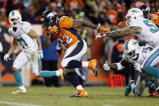 Denver Broncos running back C.J. Anderson (22) breaks free for a touchdown run as Miami Dolphins middle linebacker Dannell Ellerbe reaches to defend during the second half of an NFL football game, Sunday, Nov. 23, 2014, in Denver. (AP Photo/Joe Mahoney)
