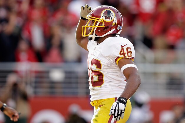 SANTA CLARA, CA - NOVEMBER 23:  Alfred Morris #46 of the Washington Redskins salutes the crowd after scoring a touchdown in the against the San Francisco 49ers at Levi's Stadium on November 23, 2014 in Santa Clara, California.  (Photo by Ezra Shaw/Getty Images)