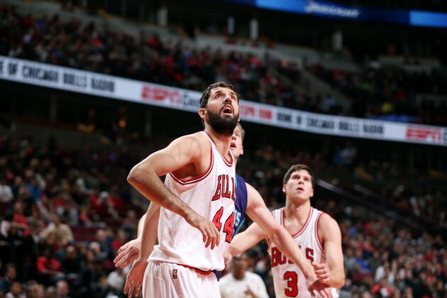 CHICAGO, IL - OCTOBER 19: Nikola Mirotic #44 of the Chicago Bulls battles for position against the Charlotte Hornets on October 19, 2014 at United Center, Chicago, Illinois. NOTE TO USER: User expressly acknowledges and agrees that, by downloading and or using this Photograph, user is consenting to the terms and conditions of the Getty Images License Agreement. Mandatory Copyright Notice: Copyright 2014 NBAE (Photo by Gary Dineen/NBAE via Getty Images)