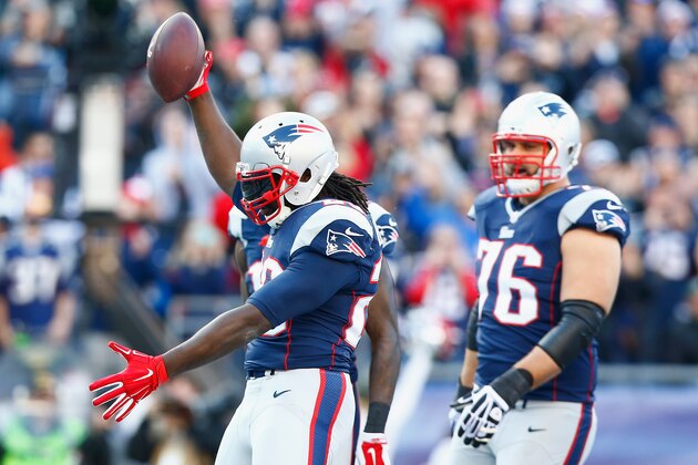 FOXBORO, MA - NOVEMBER 23:  LeGarrette Blount #29 f the New England Patriots reacts after scoring a touchdown during the second quarter against the Detroit Lions at Gillette Stadium on November 23, 2014 in Foxboro, Massachusetts.  (Photo by Jared Wickerham/Getty Images)